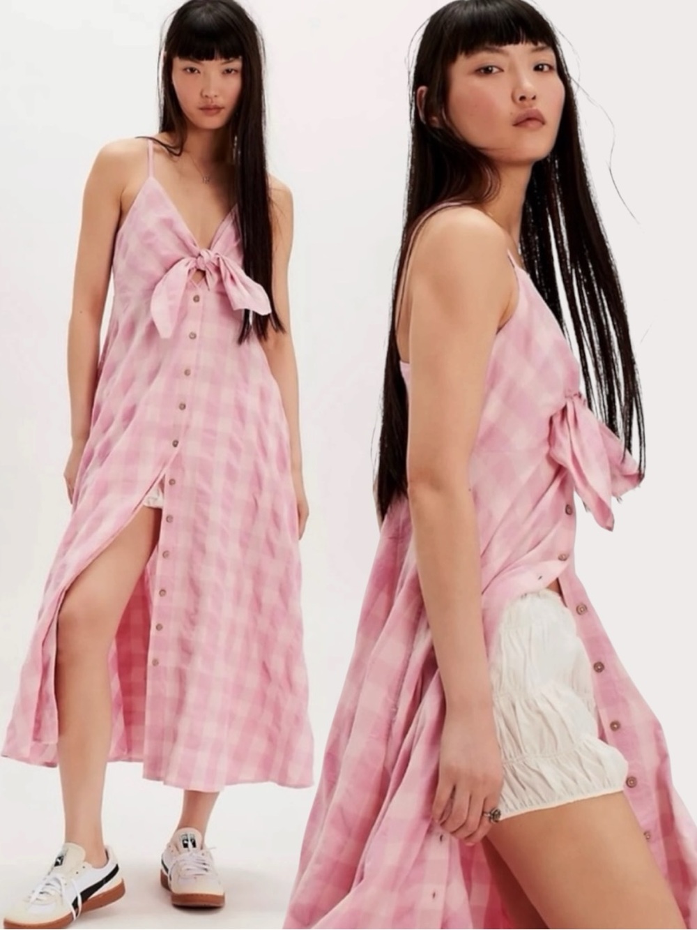 Free People Coquette Cottage Via Midi Bow Dress in Pink Gingham Check NWT Medium